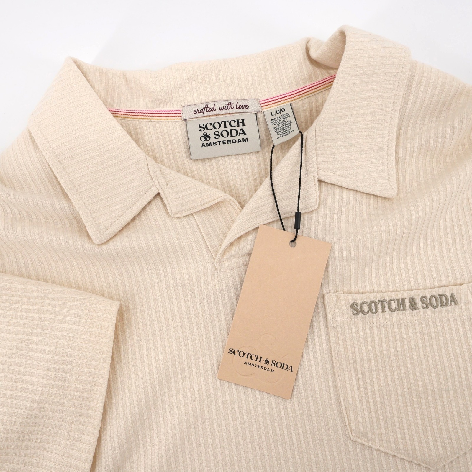 New Scotch & Soda Rib Johnny Collar Pocket Polo Shirt Short Sleeve Mens Large